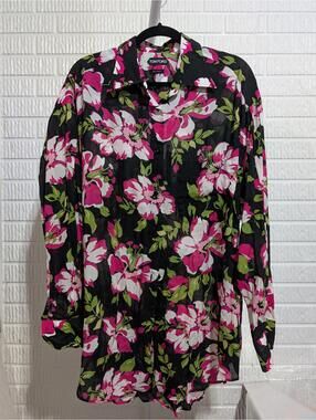 Tom Ford Navy Blue Hot Pink Floral Print Blouse Sz 46 or XL 26"ptp 32"L